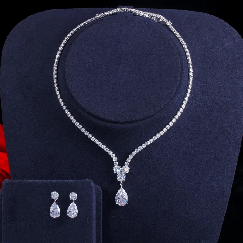 CWWZircons Modische Cubic Zirconia Wassertropfen-Anhänger Halskette und Ohrringe Brautschmuck-Sets für Bräute Party T397 – Detail 4