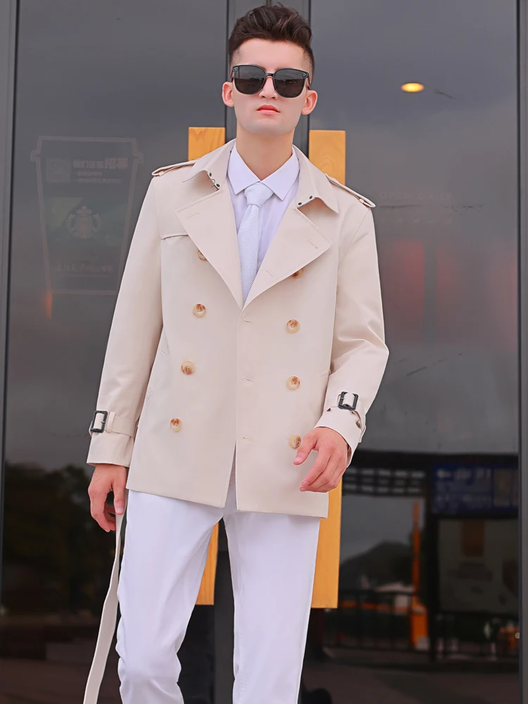 Short windbreaker men's double row button Beige British handsome trend thickened detachable down liner personalized coat