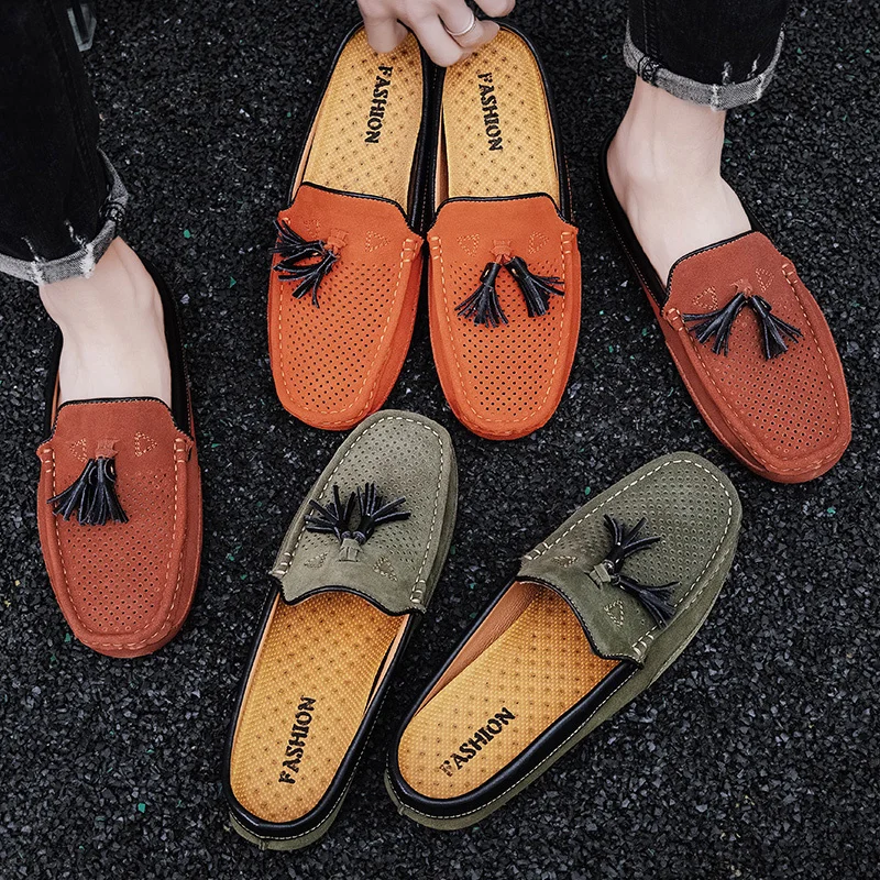 Summer Tassel Half Shoes Men Luxury Brand 2021 Italian Fashion Slipon Men Lazy Shoes Suede Leather Slippers Men Loafers Green