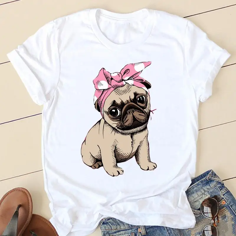 Women T-shirts Ladies Dog Clothing Short Sleeve Cartoon Style Trend Style Pug Clothes Spring Summer Female Tee Graphic Tshirt