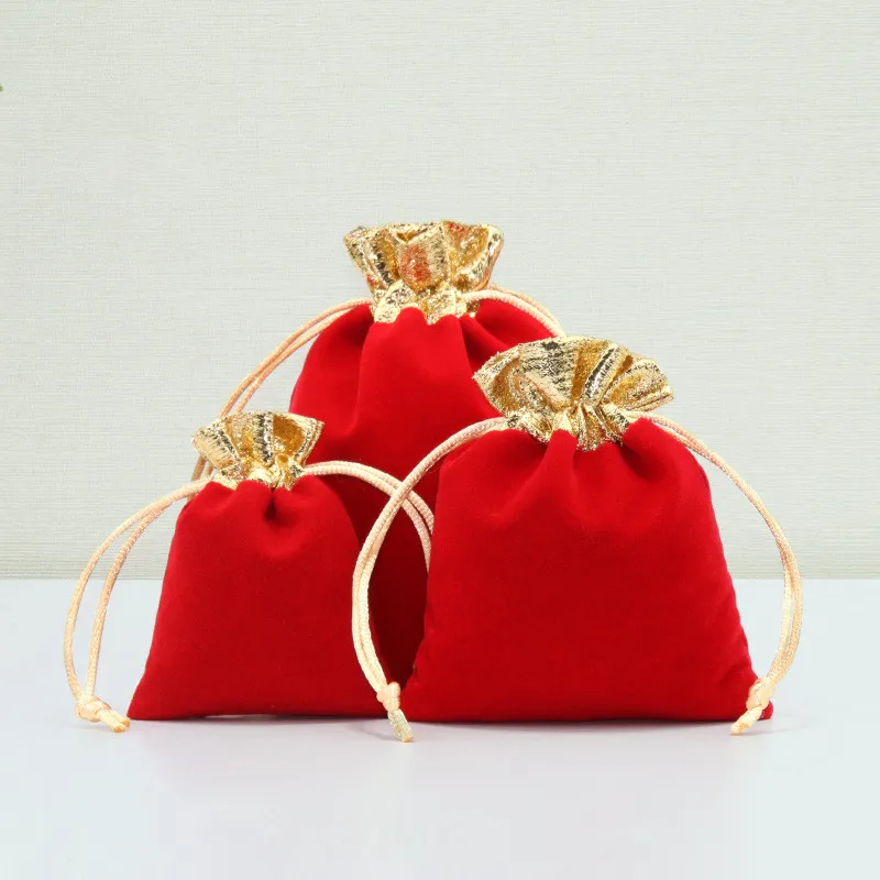 10 Pcs/Lot Christmas Package Golden Mouth Velvet Pouch with Drawstring Grand Flannel Jewelry Bags Wedding Candy Pocket