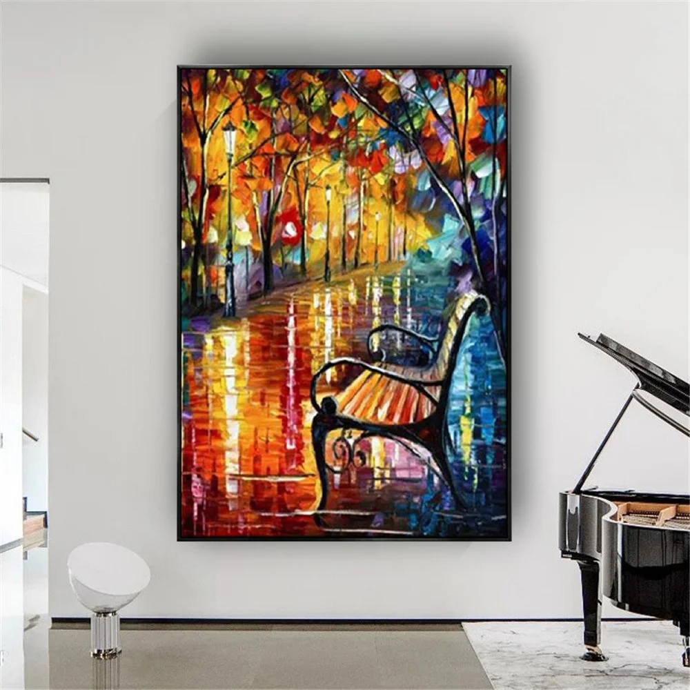 

Large Canvas Picture Night View Park Oil Painting Huge Wall Art Landscape Poster Bench On Street Scenery Modern Home Decor Mural