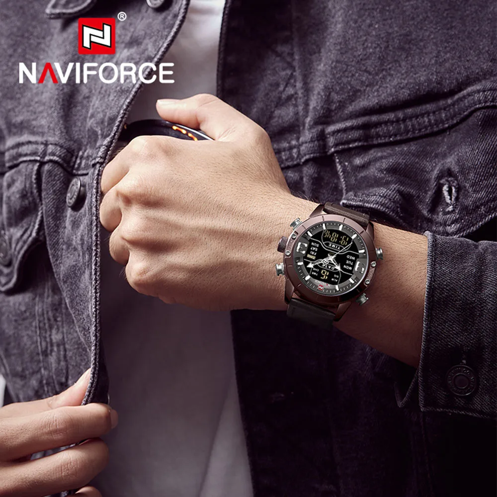 NAVIFORCE Mens Watches Fashion Luxury Military Digital Watch Genuine Leather Waterproof Chronograph Watch for Men montre homme