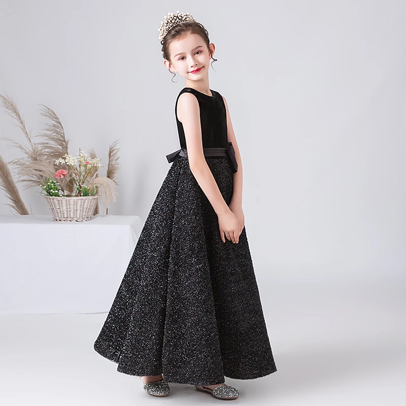 Dideyttawl Schwarz Mädchen Formale Kleid Lange Samt Bling Rock Junior Prinzessin Kleid Für Hochzeit Abend Party Teen Kinder