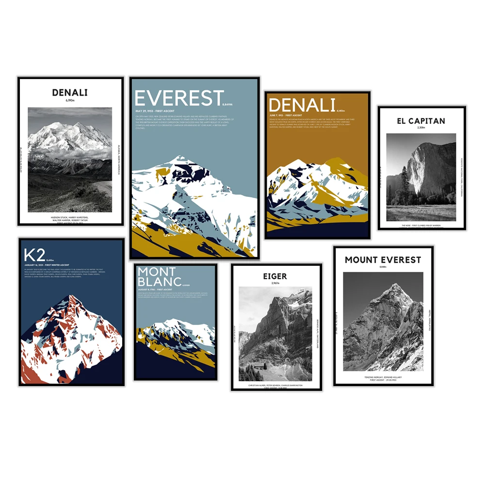 Fitz Roy, Denali, Mount Elbrus, Mont Blanc, Matterhorn, Everest, Eiger, Dolomites, Aconcagua mountain climbing and hiking poster