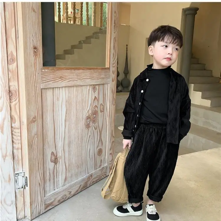 Fashion Boys Spring Autumn Corduroy 2Piece Clothes Suits 3-8Yrs Black Brown Grey Color Korean Suits Clothes 2 Pcs Set Shirt