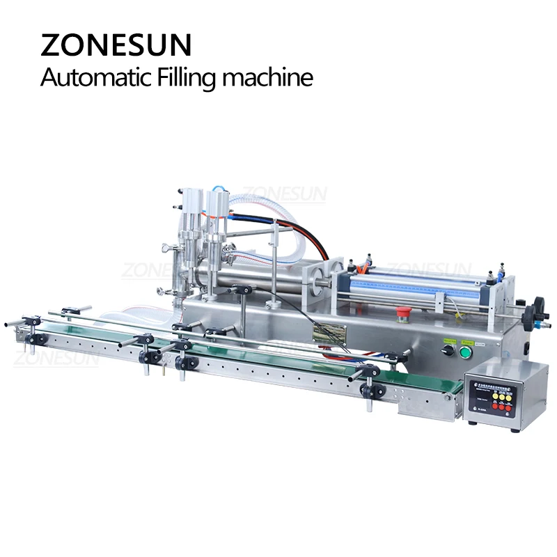 ZONESUN ZS-DTYT2L automatyczna pneumatyczna maszyna do napełniania cieczą 2 głowice napełniacz do butelek z wodą do napojów mała produkcja linii