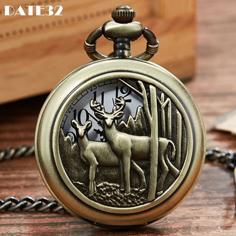 Reloj de bolsillo con diseño de ciervo en 3D para hombre y niño, pulsera con colgante de bronce, collar, cadena, Colección, antiguo, venta al por