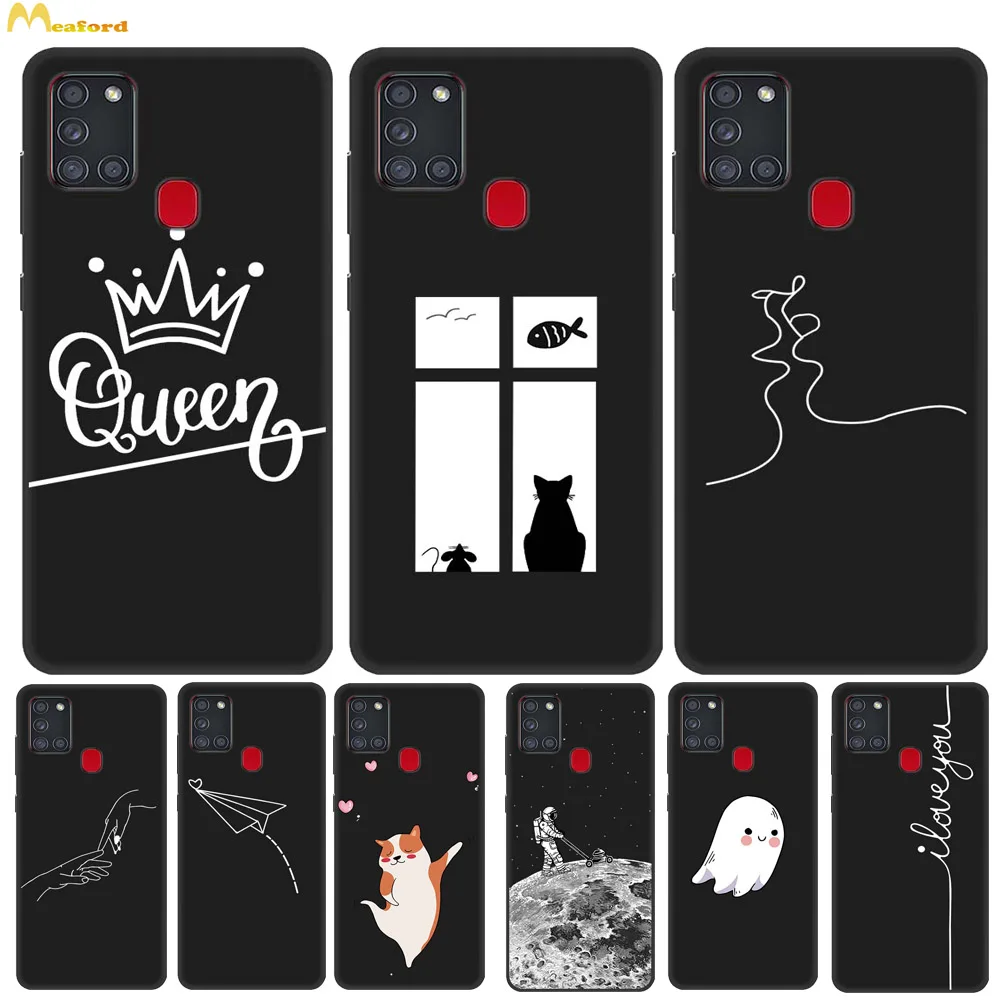 Black Hollow Case For Samsung Galaxy A21S A21 S A217F A 21 EU Silicone Phone Cover Cute Queen Husky Pattern Capa Soft TPU Bumper