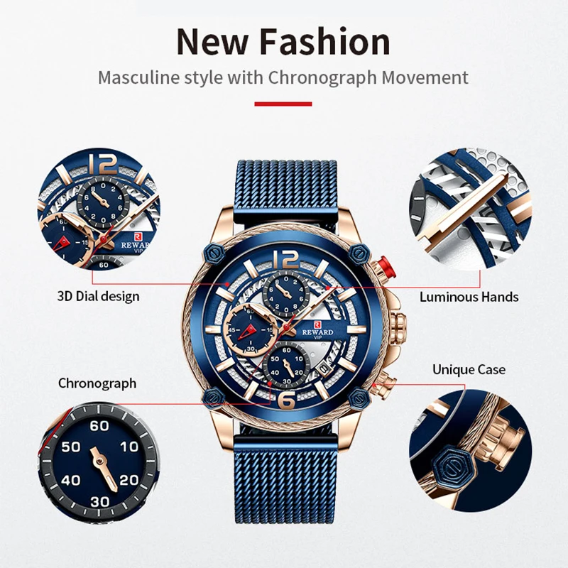 REWARD Luxury Mens Watch Top Brand Blue Steel Mesh Strap Chronograph Waterproof Men Sport Quartz Wrist Watch Relogio Masculino