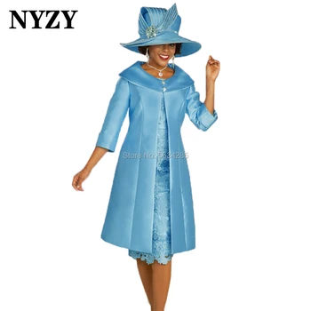 Elegant Sky Blue Mother of the Bride Lace Dresses with Jacket Coat NYZY M336 Wedding Party Dress Guest Wear Robe de Cocktail