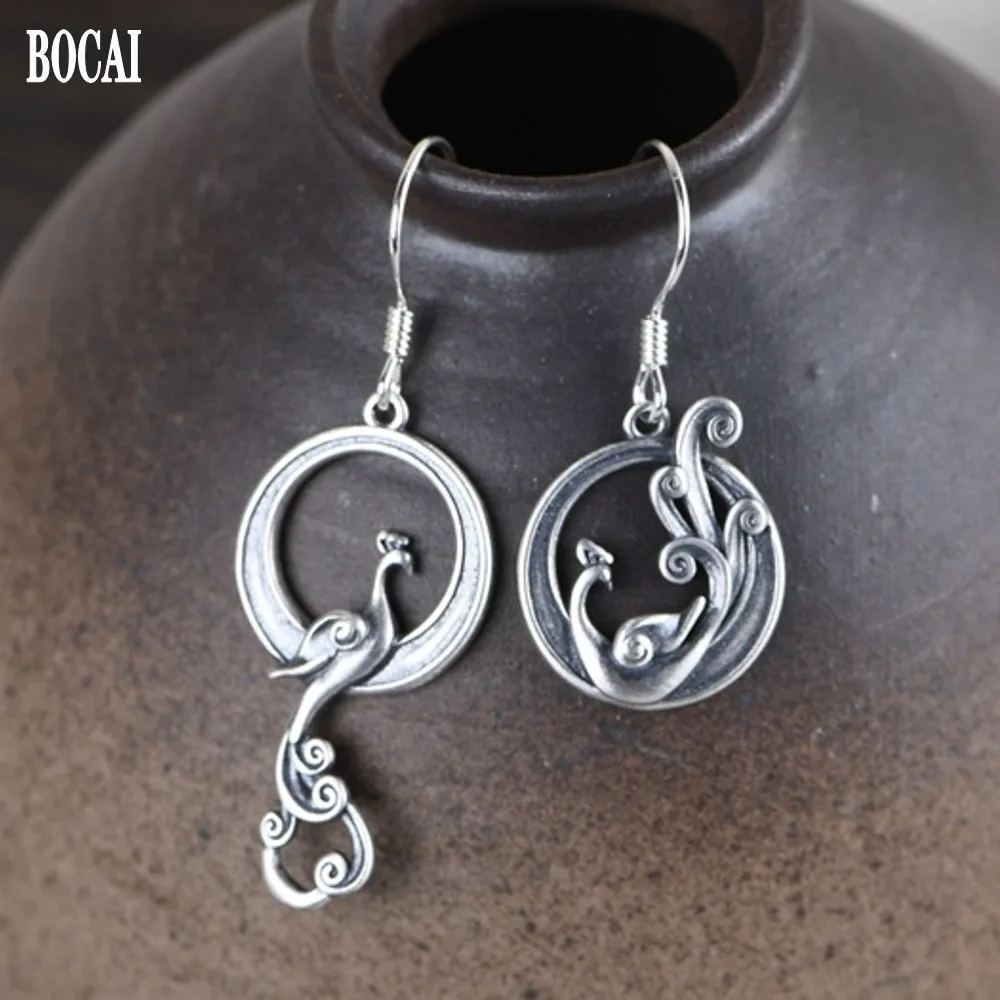 

BOCAI real S925 pure silver vintage woman earrings Chinese style Thai silver ab version colorful phoenix earrings for women
