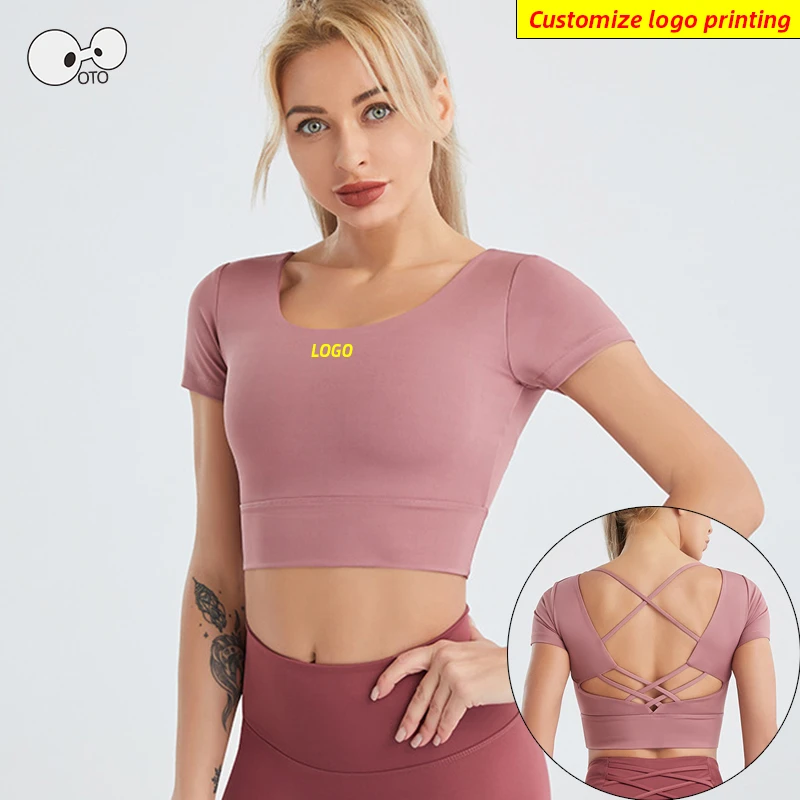 

2021 Sexy Short Sleeve Push Up Padded Running Shirts Women Quick Dry Gym Fitness Underwear Elastic Yoga Sports Crop Top Custom