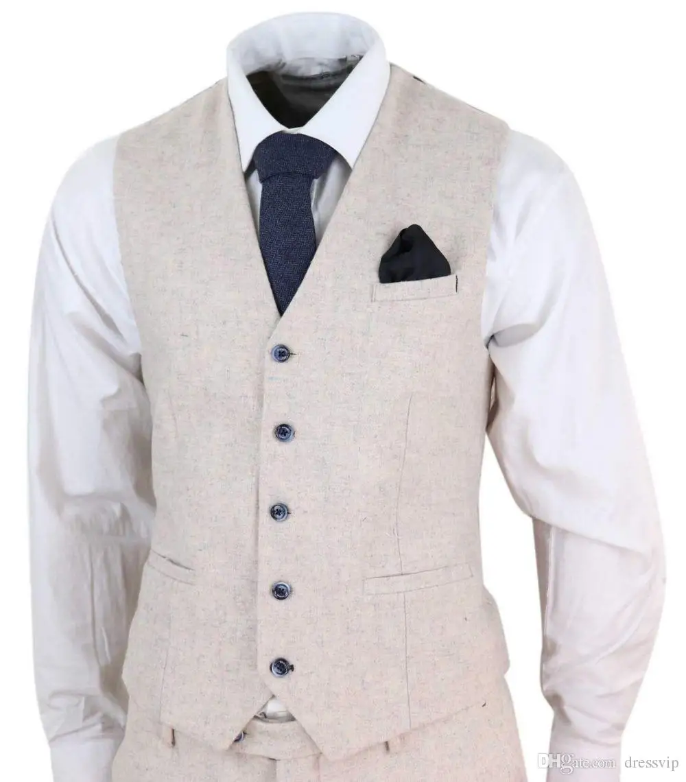 Nam Kem Vintage 3 Mảnh Phù Hợp Với Peaky Blinders Phù Hợp Với Kem Retro Len Tweed Bộ Áo Khoác Vest Quần Tự Làm Đám Cưới tuxedos