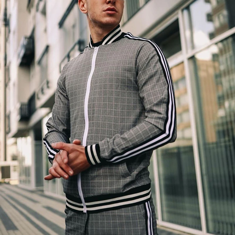 Men Spring And Autumn Large Casual Fashion Joker Checkered Sports Suit Stand Collar Zipper Cardigan Jacket Trousers Two Sets