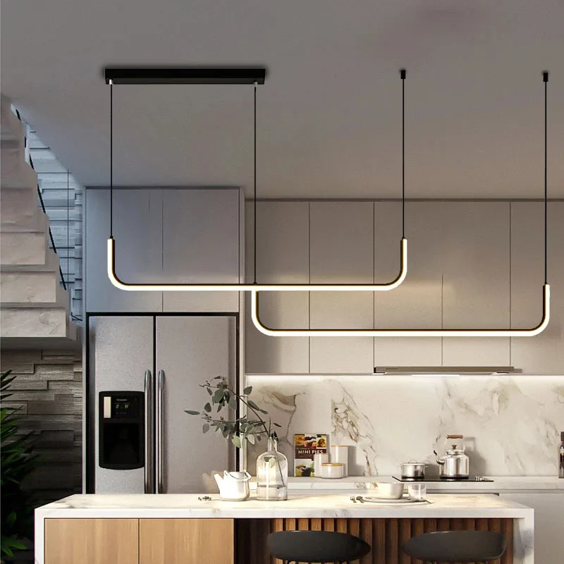 

New LED Pendant Light Modern Minimalist Black Chandelier Kitchen Long Hanging Light Dining Room Table Restaurant Pendant Lamp