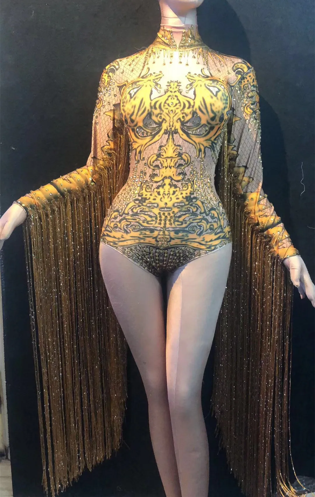 Fashion Print Long Tassel Rhinestone Bodysuits Women Stretch Skinny Fringes Sleeve Stage Jumpsuit Dancer Singer Performance Wear