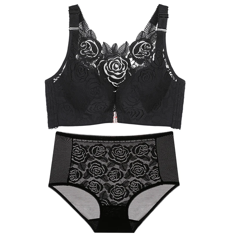 

Large size front buckle rose underwear set without steel bracket woman large bra fat MM 200 kg large size bra set 52D 120D