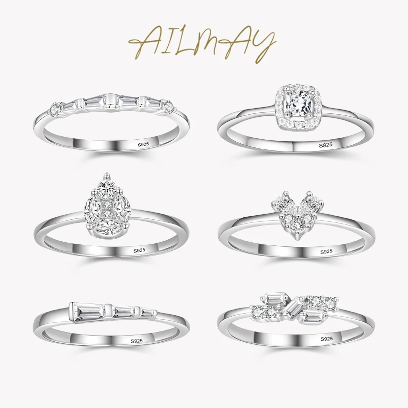 Ailmay Fashion Geometric Design Dazzling Zirconia 925 Sterling Silver Rings For Women Wedding Engagement Fine Female Jewelry