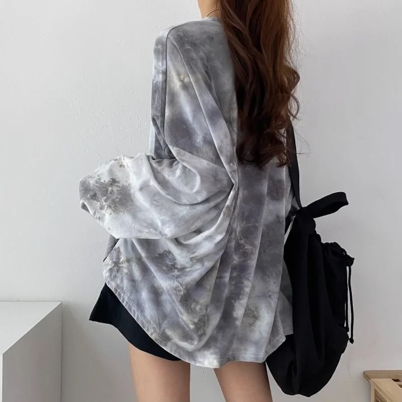 T-shirts Women Vintage Harajuku Tie-dye Ladies Tops Casual Loose Cozy Streetwear Ins Autumn Couple All-match Inside Fashion Ropa