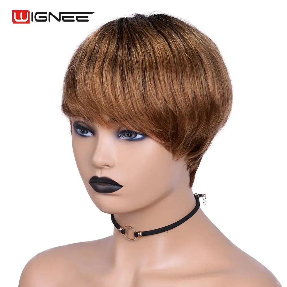 Wignee Short Straight Hair Human Wig With Free Bangs for Black Women 150% Density Ombre Brown Machine Natural Soft Hair Full Wig