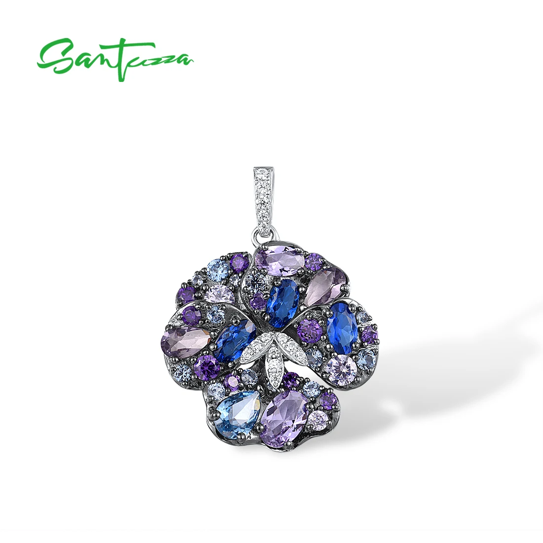 SANTUZZA Authentic 925 Sterling Silver Pendant For Women Sparkling Multi Gems Blue Orchid Flower Fashion Wedding Fine Jewelry