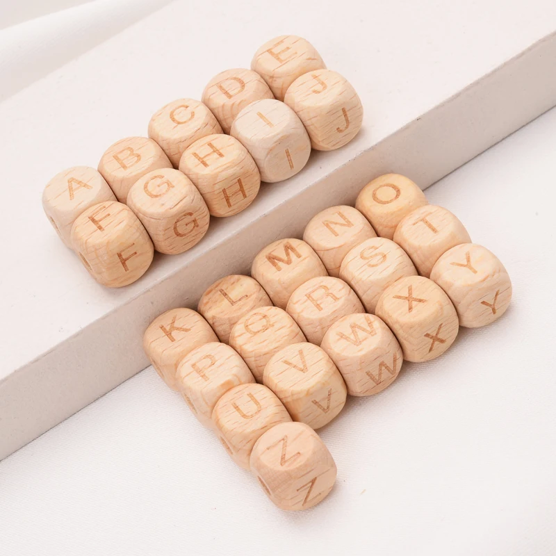 50Pcs/Lot 12mm English Alphabet Letter Beech Custom Personalized Name Wooden Teether Beads DIY Pacifier Chain Baby Goods Toys