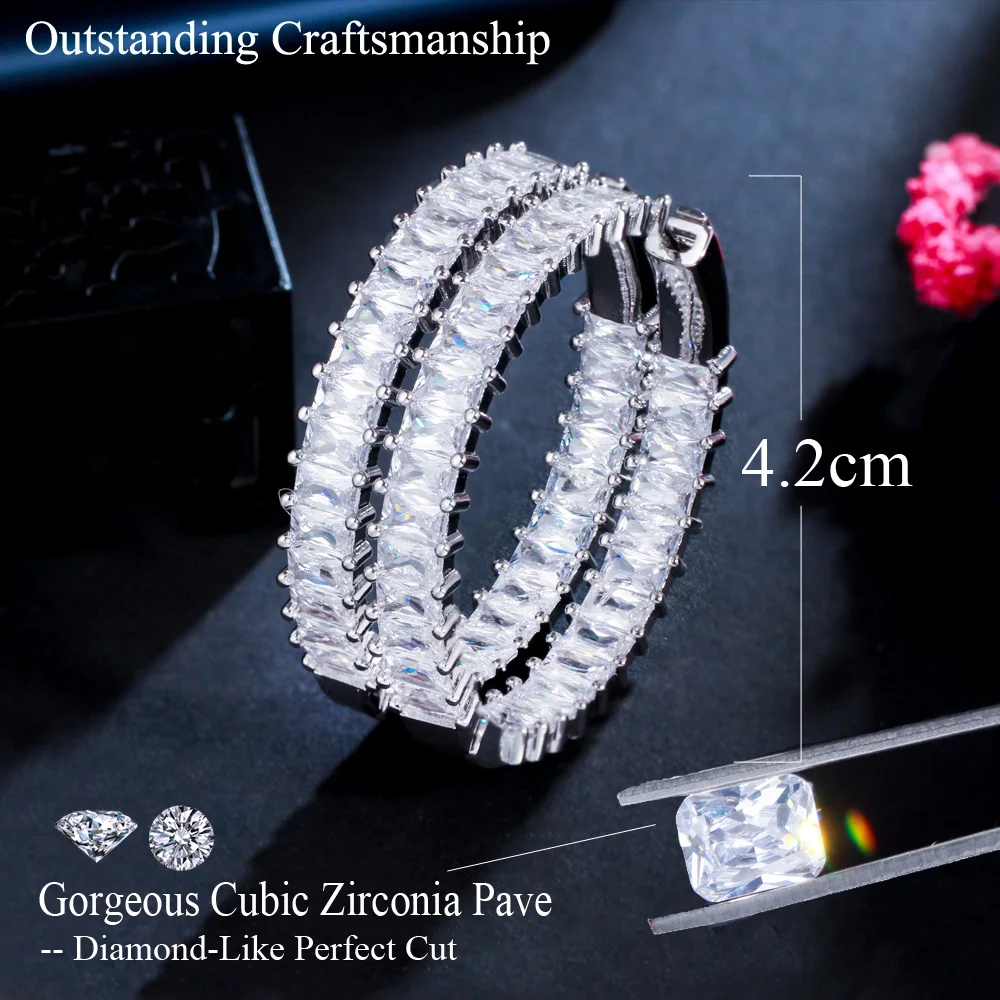 CWWZircons Schicke Baguette-Bambus-Zirkon Große Runde Creolen für Damen Luxus-Statement-Designerschmuck Großhandel E0740 – Detail 1