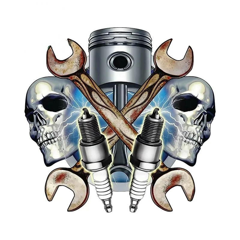 Mechanic Skulls and Spark Plugs Wall Decal 3D Metal Design Car Stickers for Window Bumper Trunk Surfboard Decal Kk13*13cm