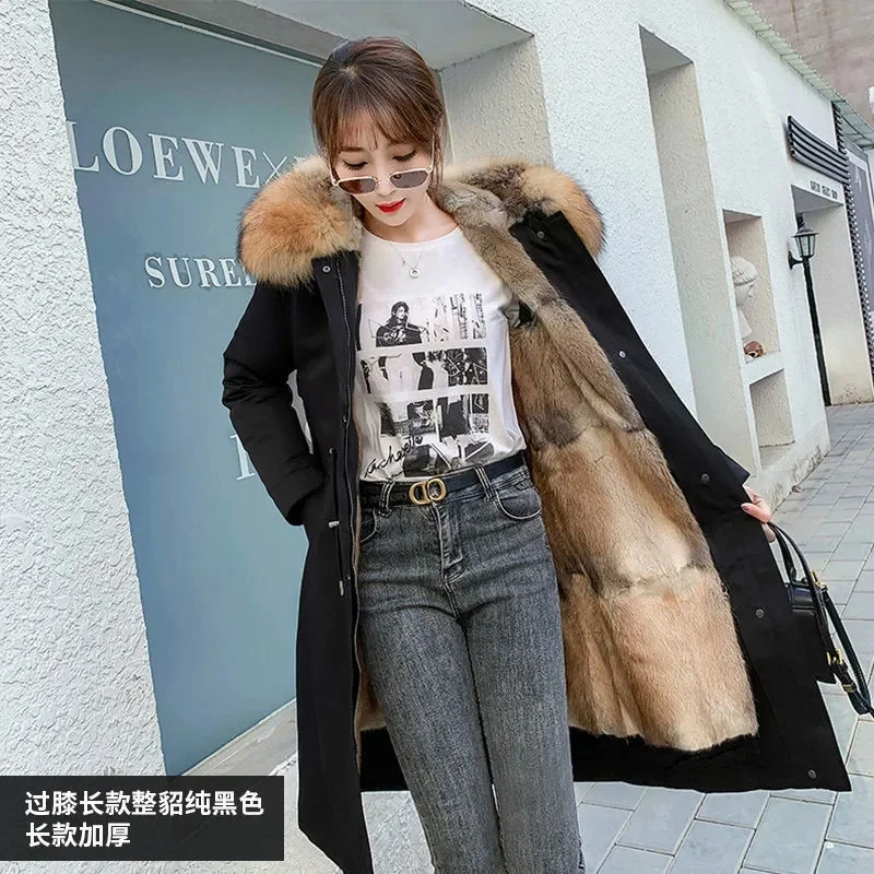 2021 New Parka Winter Coat Women One-Piece Detachable Liner Female Green Root Carved Fox Fur Imitation Fur Coat Hooded Black