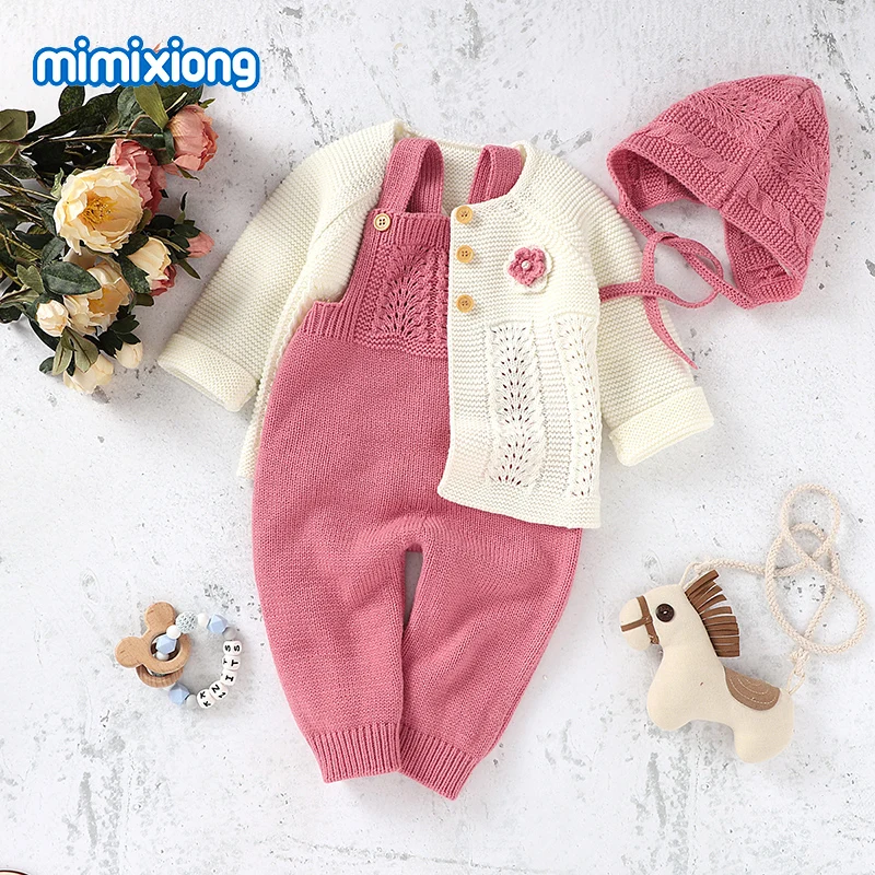 Baby Clothes Winter Warm Knitted Newborn Girls Rompers + Jackets + Hats 3pcs Outfits Sets Autumn Outerwear Toddler Kids Sweaters