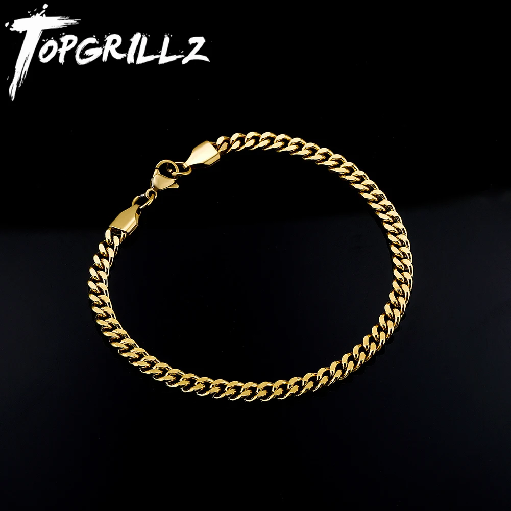 TOPGRILLZ 4mm Cuban Link Bracelet with Lobster-claw-clasps Hip Hop Punk Jewelry Party Gift For Men