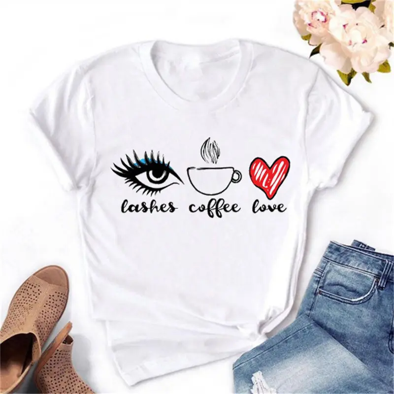 Summer 90s Tshirt New Kawaii Short Sleeve T-shirt Graphic T Shirt Women Eye Lashes Red Lips HEART Print Top Female Tees