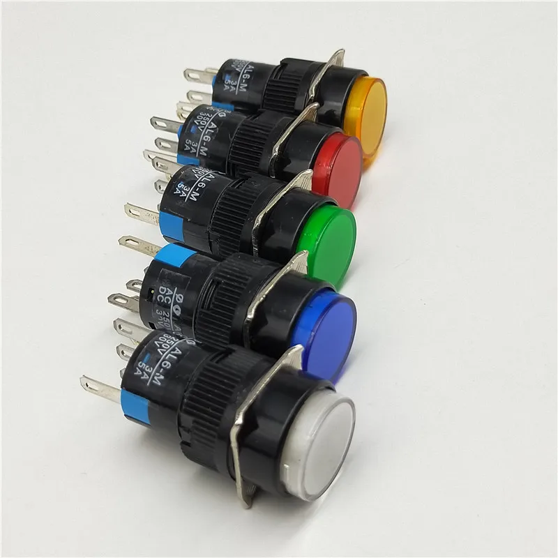 16mm DC 6V 12V 24V 220V LED Push Button Switch Blue Green Red Yellow White lamp Self lock / self reset push button