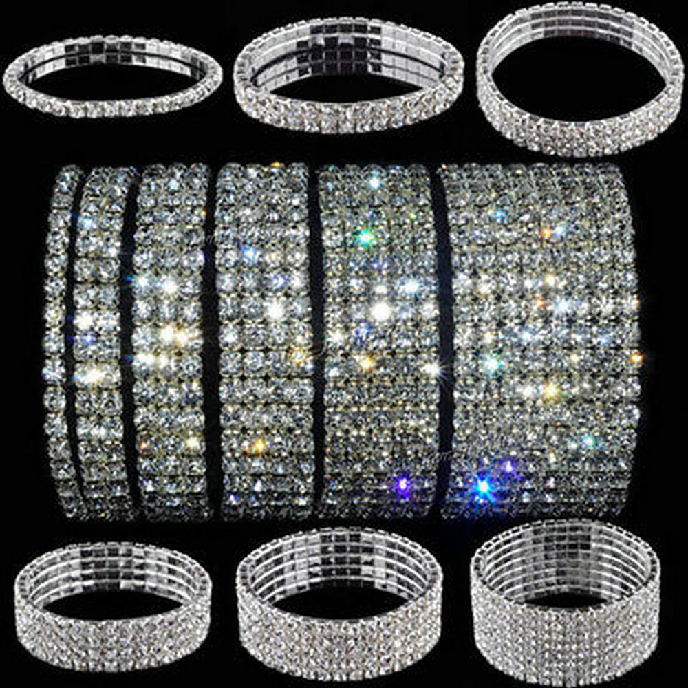 TREAZY 1-10 Rows Rhinestones Bridal Wedding Bangles Gold/Silver Color Crystal Stretch Bracelet Women Wristband Elastic Jewelry