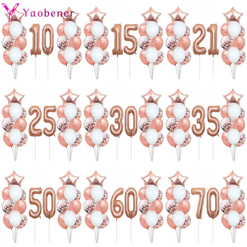 22pcs Rose Gold Number Foil Balloons Happy Birthday Party Decorations Adult Kids 10 11 14 15 16 18 25 30 35 40 50 60 70 Year Old