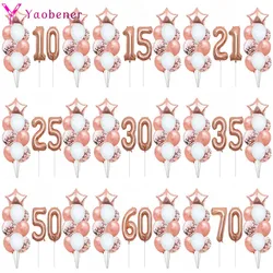 22pcs Rose Gold Number Foil Balloons Happy Birthday Party Decorations Adult Kids 10 11 14 15 16 18 25 30 35 40 50 60 70 Year Old