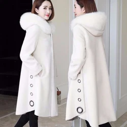 Manteau de tonte de mouton granulaire pour femme, veste en fausse fourrure de renard, vêtements à capuche tout-en-un, mi-long, hiver, nouveau, 2023, L33