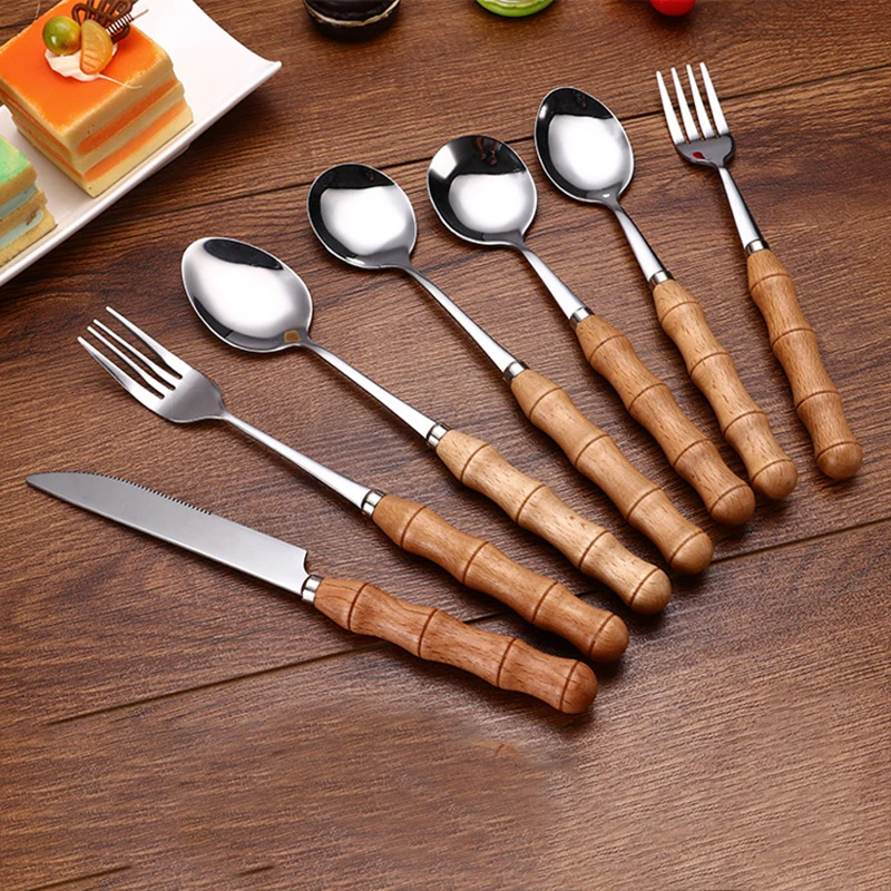 YOMDID 1PC Dinner Knife Fork Spoon With Wood Handle Stainless Steel Cutlery Western Food Dessert Tableware Fork Spoon Dinnerware