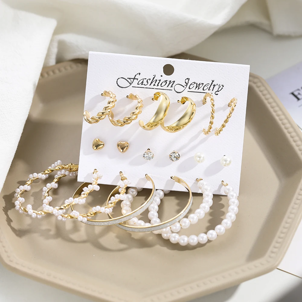 6/9 Pairs كبير هوب اللؤلؤ طقم من الحلقان موضة المعادن القرط فراشة دائرة هندسية خمر القرط للنساء مجوهرات 2021