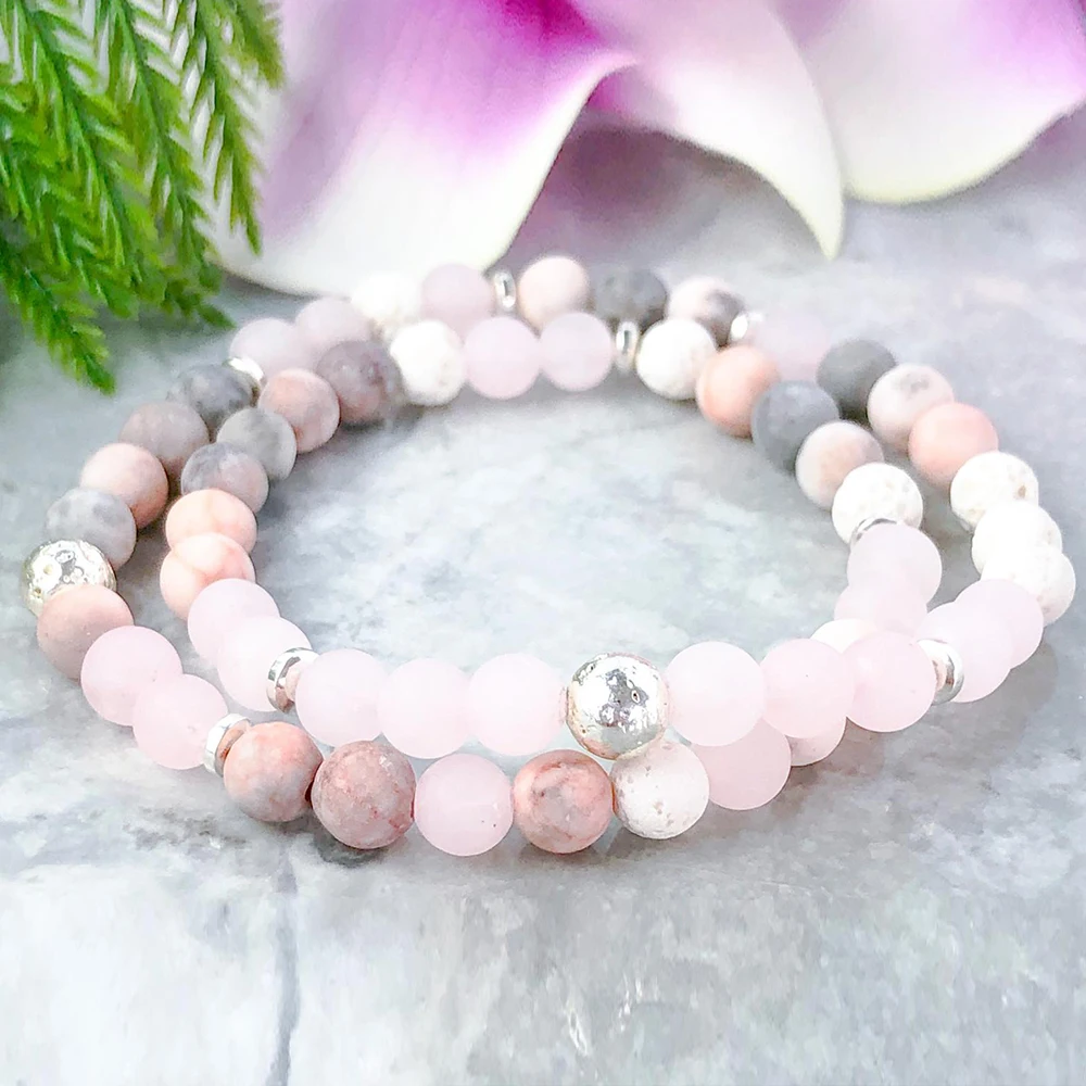 

MG1078 Essential Oil Bracelet Set Lava Energy Wrap Bracelet Rose Quartz Yoga Mala Bracelet Pink Zebra Jasper Dainty Bracelet