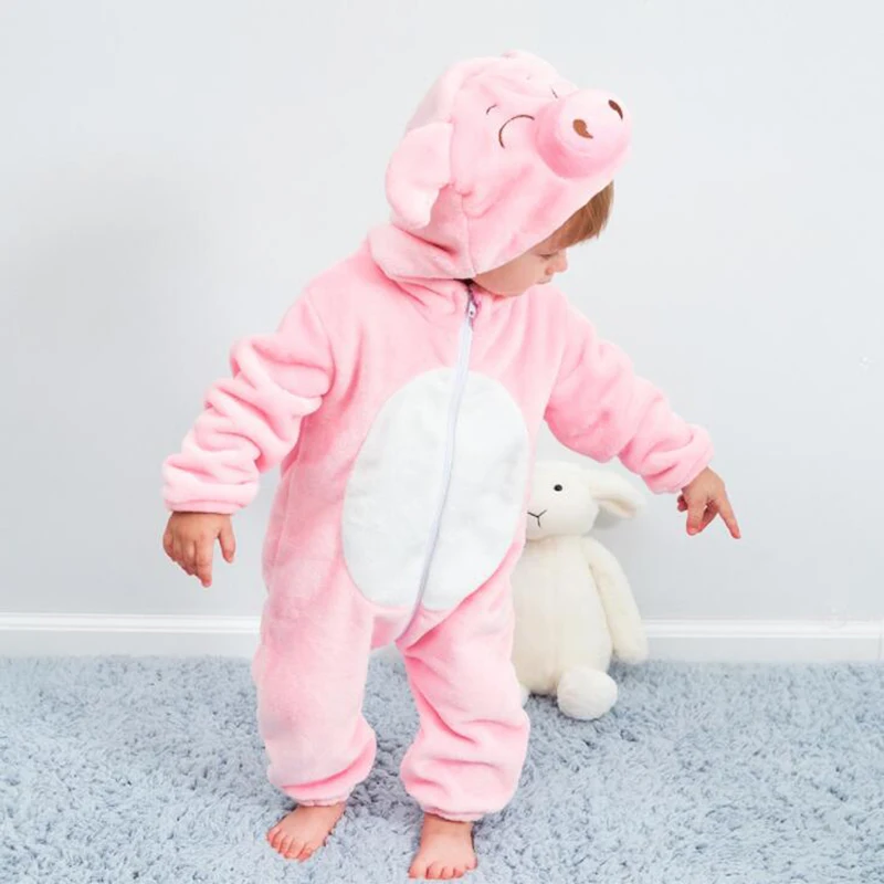 Novo bonito crianças bebê rosa porco animal macacão roupa do bebê recém-nascido para a menina inverno flanela ropa bebe bodysuit traje para recém-nascidos