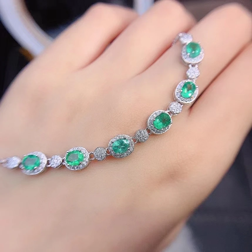 925 Sterling Silver Oval Emerald Hand Bracelet for Women, Fine Jewelry, Inset with Natural Gemstones, Trendy Gift, Classic