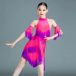 Girls Latin Dance Performance Costume Rose Pink Tassels Latin Competition Dress Samba Rumba Practice Clothes Stage Wear BL6859