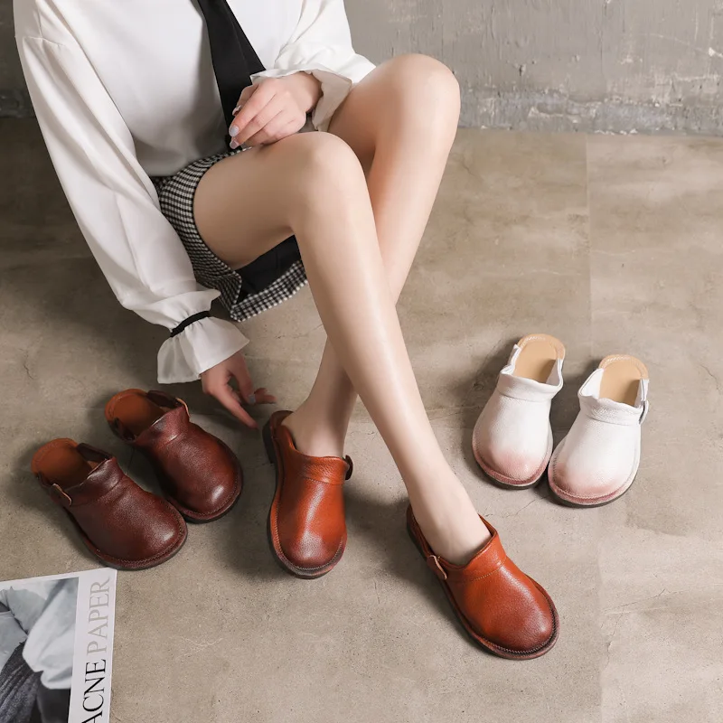 Women Leather Mules 2019 Spring Shoes Ladies White Slippers Genuine Leather Flat Heels Shoes Women Softe Bottom Handmade Mules