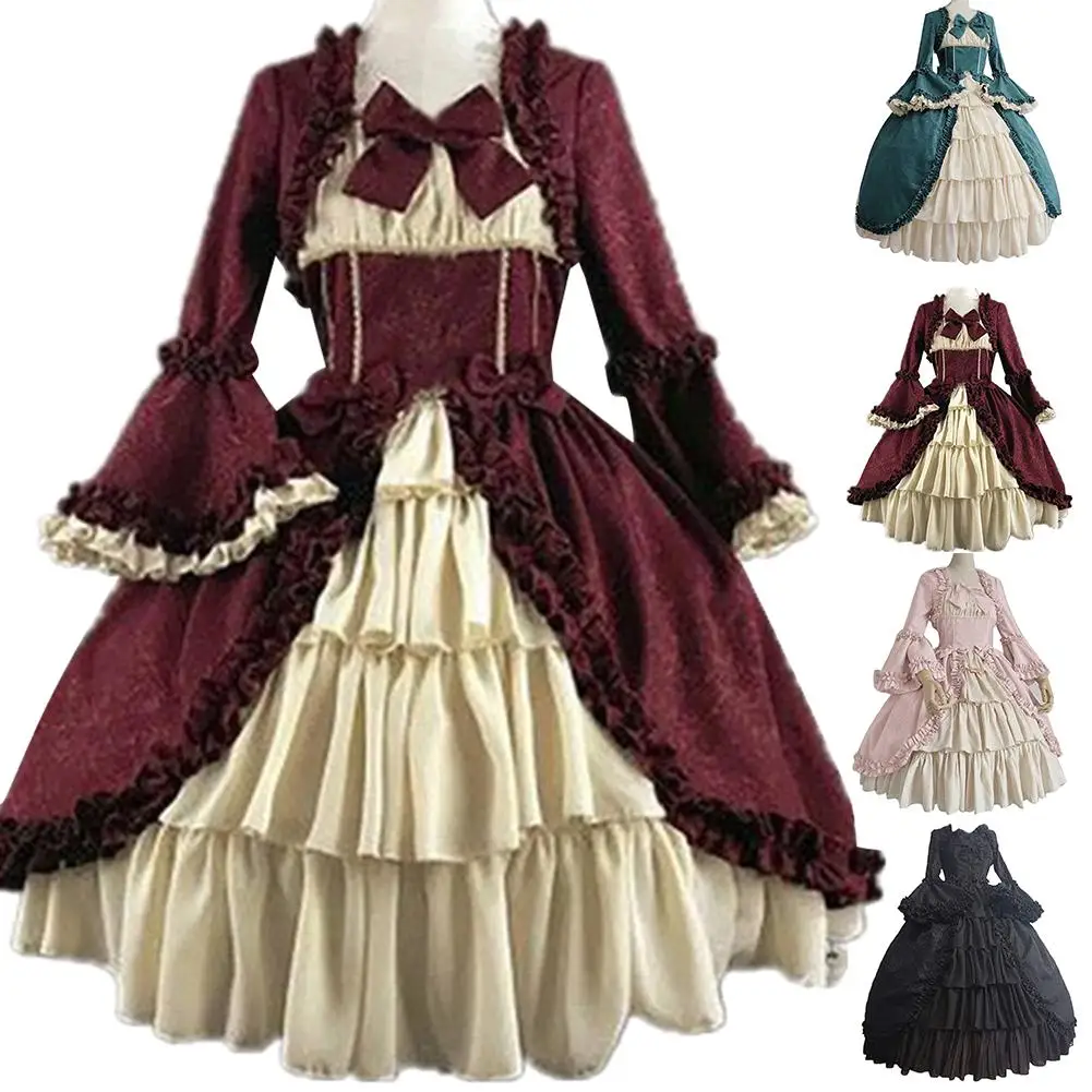 80% HOT SALES！！！Lady Retro Square Neck Tight Waist Bowknot Medieval Dress Cosplay Party Costume