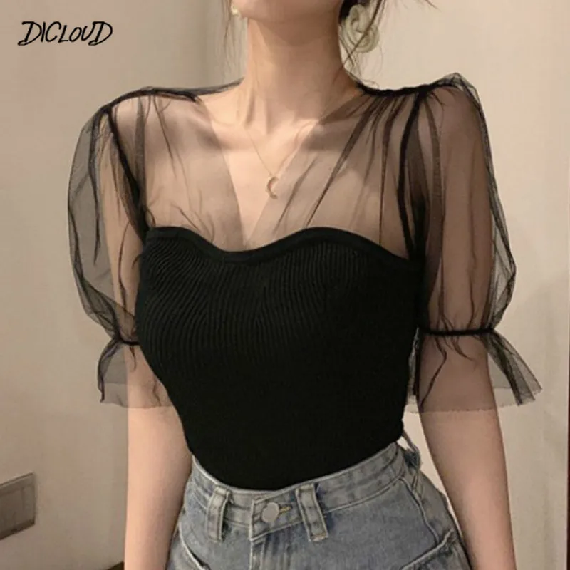 

Fashion women's V-neck net yarn stitching knitted shirt tops female girls slim sexy Puff short Sleeve Ruffles t-shirt 2020