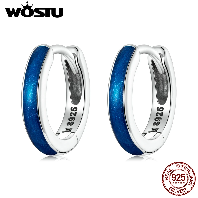 WOSTU Genuine 925 Sterling Silver European Simple Blue Hoop Earrings For Women s925 Small Ear buckles Girl Jewelry Gift FIE1360