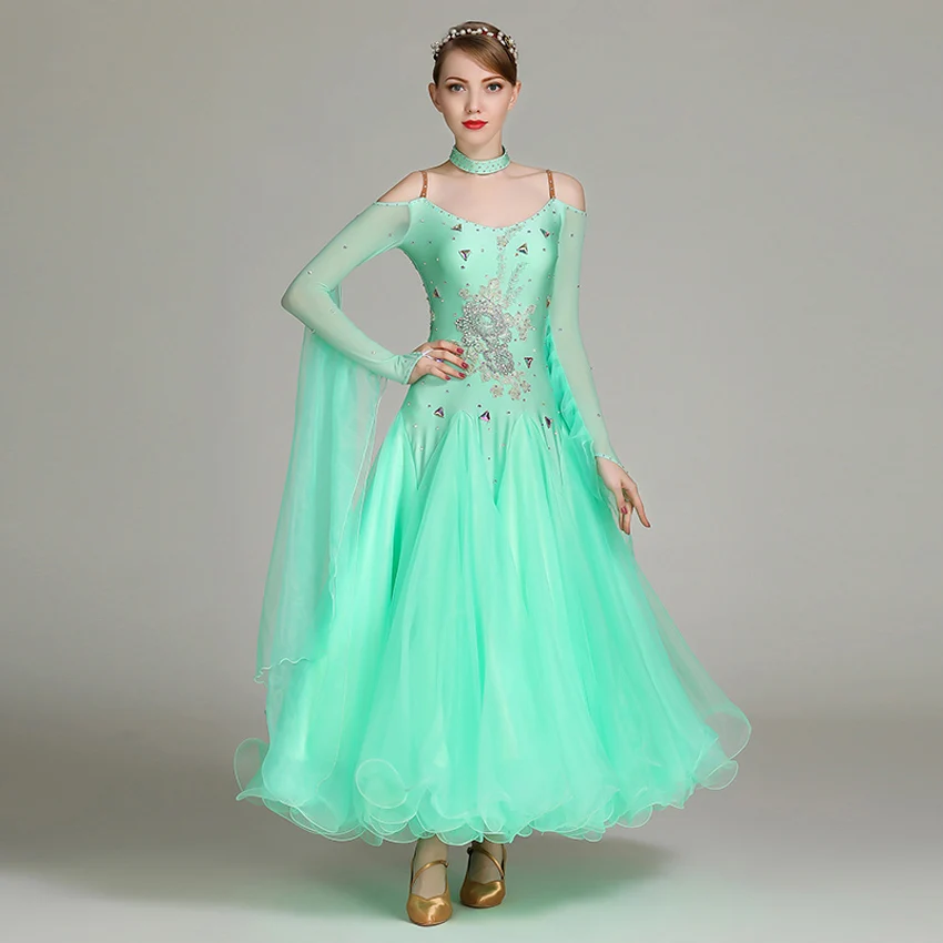 

Ballroom Dance Competition Dress Diamond-encrusted Costumes Light Green Stage Costume Ladies Backless Shoulder Straps Pink Waltz