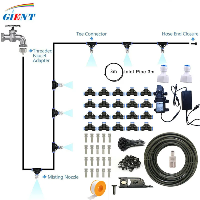 10m/20m Outdoor Patio Water Mist Sprayer Nozzle Misting Cooling Humidification System Mist Spray Kit with Quiet Water Pump